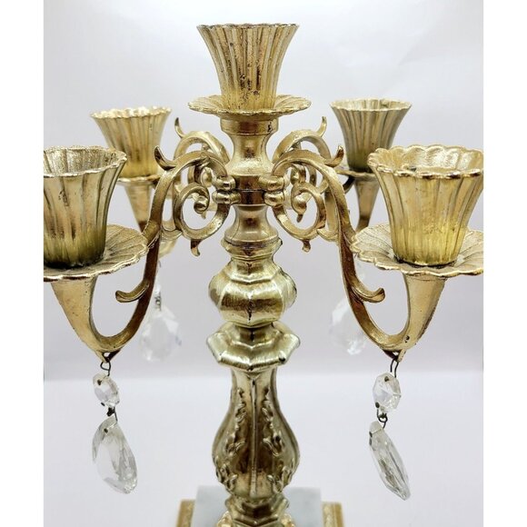Vtg Dilly Candelabra 5 Arm Gold 12" Candle Stick Holder Marble Base W/ Crystals - Picture 5 of 15